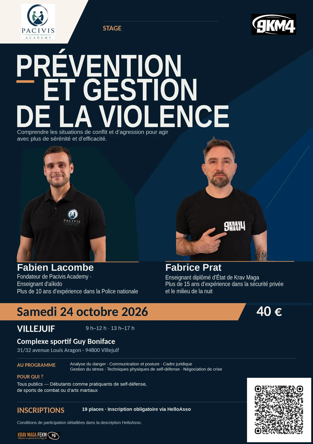 Affiche du stage « Prévention et gestion de la violence », animé par Fabien Lacombe et Fabrice Prat, le samedi 24 octobre 2026 à Villejuif.